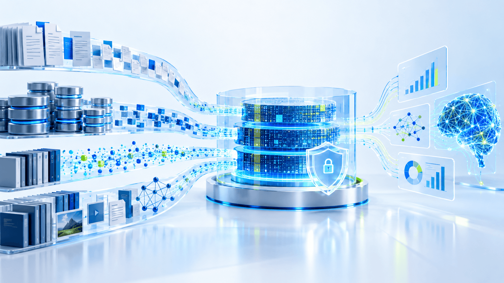 AI data foundations connect governed business documents and databases to analytics and knowledge systems.
