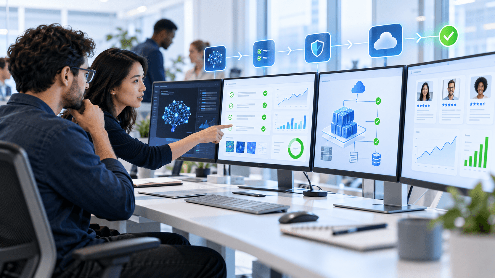 A software team validates an AI pilot before moving the system into production.